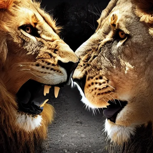 Image similar to a farmed photography of a lion kissing a lion male skull, detailed, 4k, fantasy