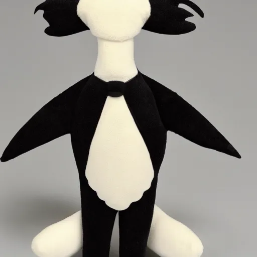 Image similar to plush of a stork wearing a black elegant suit