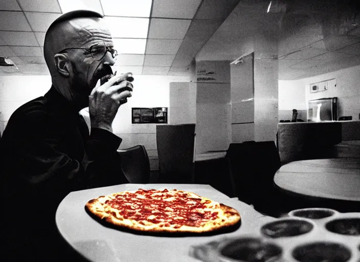 Image similar to beautiful portrait of walter white eating pizza sloppy sauce, chuck - e - cheese, dramatic lighting, moody film still from breaking bad ( 2 0 1 2, 3 5 mm kodak color stock, 2 4 mm lens, directed by rian johnson, ecktochrome