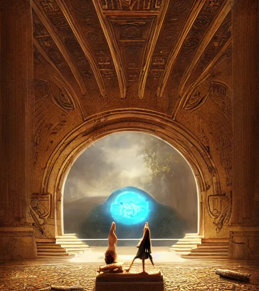 Image similar to fantasy movie scene greg rutkowski digital painting of an ornate and royal egyptian antechamber tomb, a circular pool with an erupting galaxy inside, unreal engine, hyper realism, realistic shading, ballerina, cinematic composition, blender render, octane render, hdr, detailed textures, photorealistic, ultrawide shot, 3 5 mm film