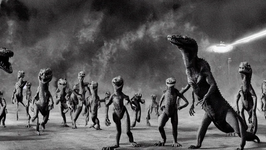 Prompt: movie scene of a group of draconian humanoid arriving to earth, reptil, reptilian, movie still, cinematic composition, cinematic light, criterion collection, reimagined by industrial light and magic, Movie by David Lynch and Ridley Scott