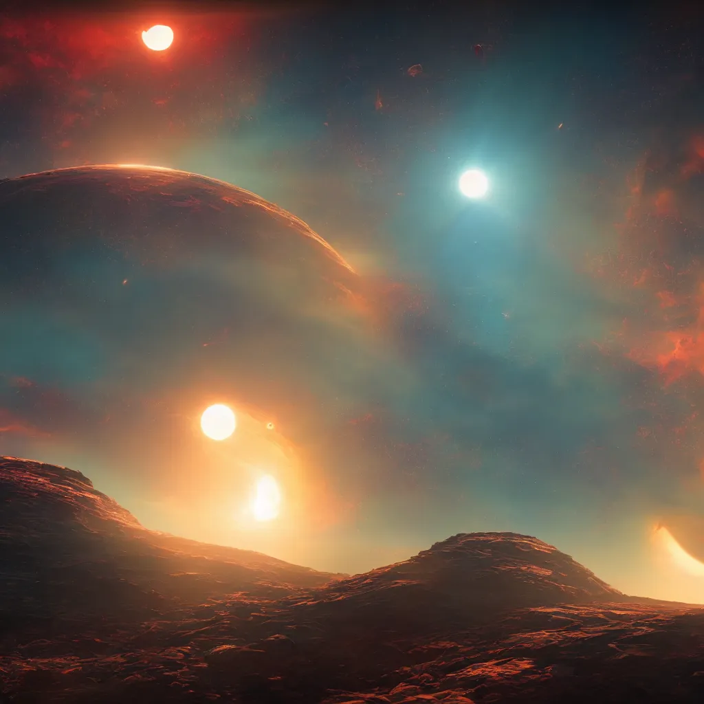 Prompt: horizon of the sun, a colorful exoplanet, view from space far away, artstation, cinematic, by greg rutkowski, scifi, digital art, digital painting, unreal engine, 8 k, volumetric lighting, contrast