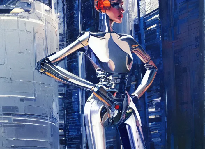 Prompt: feminine cyborg, full body, high fashion, futurism, aerodynamic, flowing, intricate, slick, highly detailed, digital painting, vogue, concept art, smooth, sharp focus, hd, art by syd mead and john berkey and annie leibovitz
