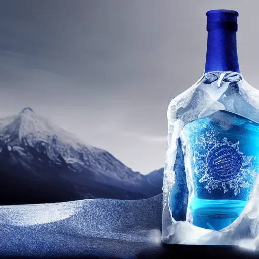 Prompt: an award - winning advertisement photo of a mystical blue liquor bottle with a snowy mountain and ice, drammatic lighting, sigma 5 0 mm, ƒ / 8, behance