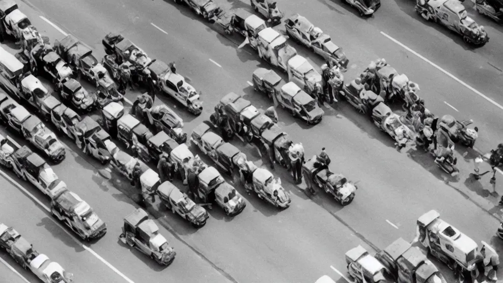 Prompt: a historic photo of a drone shot of a man holding grocery bags on both hands, standing in front of five tanks lined up approaching him on the highway