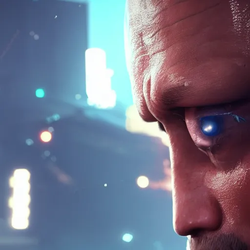 Image similar to dwayne johnson with robotic eye, cyberpunk 2 0 7 7, photorealistic, ultra detailed, neon, octane, bokeh, cinematic lighting, cyber, cyberpunk city, studio quality, feature, scars, cyberface, 8 k