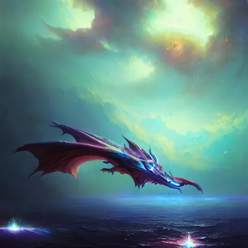 Image similar to ''cinematic shot'' a galaxy dragon made of all the galaxy in the space flying making peace in the universe stars planets realistic atmosferic made by ivan aivazovsky, peter mohrbacher, greg rutkowski volumetric light effect broad light oil painting painting fantasy art style sci - fi art style realism premium prints available artwork unreal engine