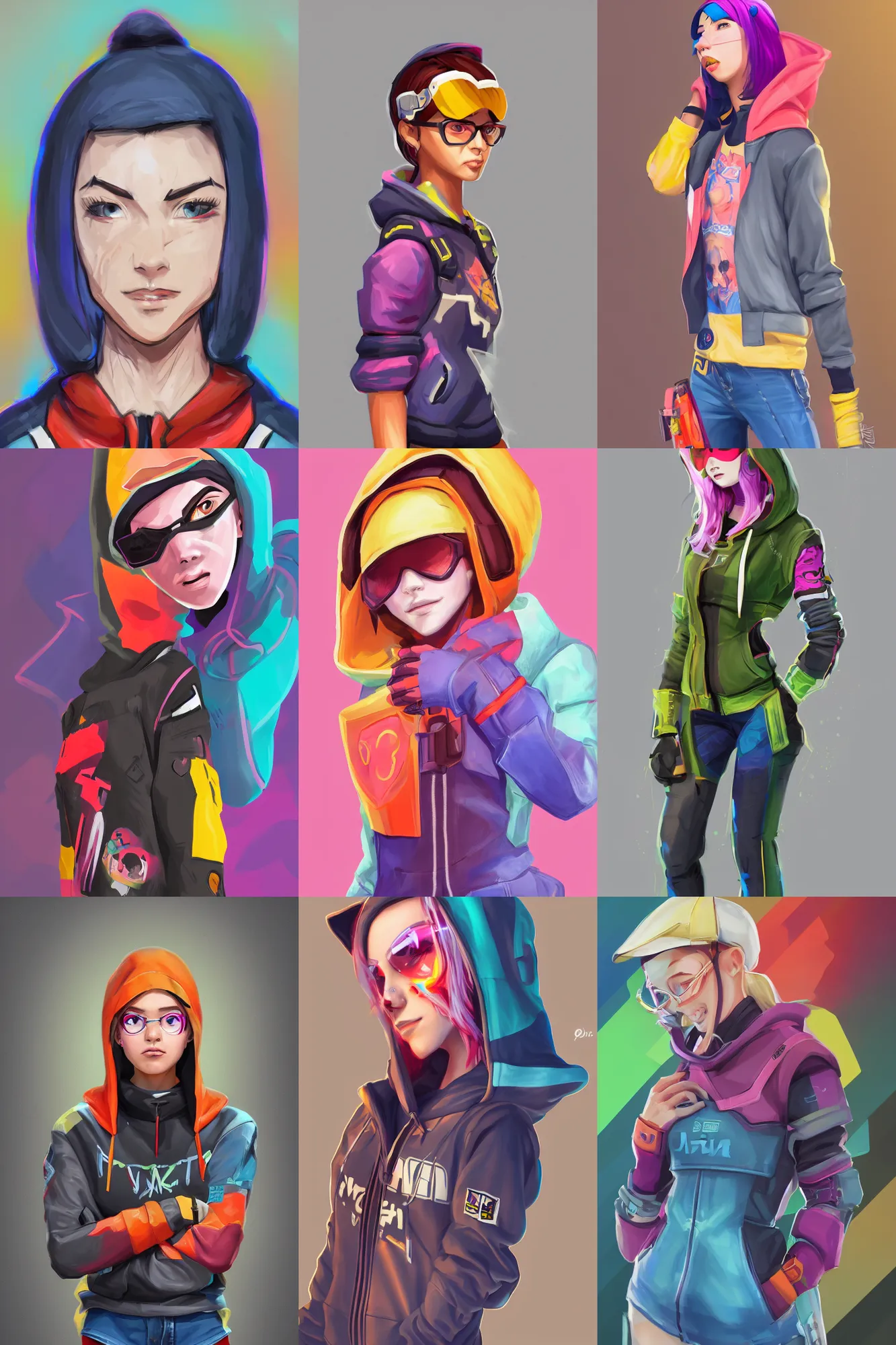 Prompt: a full body sharp focus digital painting portrait of a single young woman dressed in 90s street clothing and a bright hoodie with face and body clearly visible, overwatch, fornite, valorant, high quality, happy mood, artstation trending, vibrant colours, no crop, no helmet, no headgear, entire character, blank background, face visible, realistic proportions, SFW,