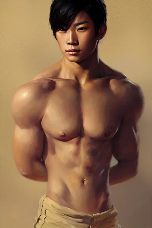 Image similar to young handsome asian male portrait dnd, muscle, painting by gaston bussiere, elena zhurikhina, goro fujita and charlie bowater