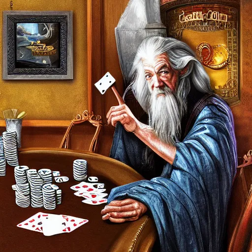 Prompt: gandalf playing poker, casino highly detailed, digital art,