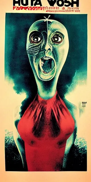 Image similar to Polish movie poster for a horror film about a woman with a fish for a head, 1983