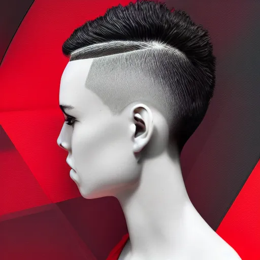 Prompt: fantsy haircut, detailed, photograph, award wining, red and white, trending on artstation, 4 k, neon highlights