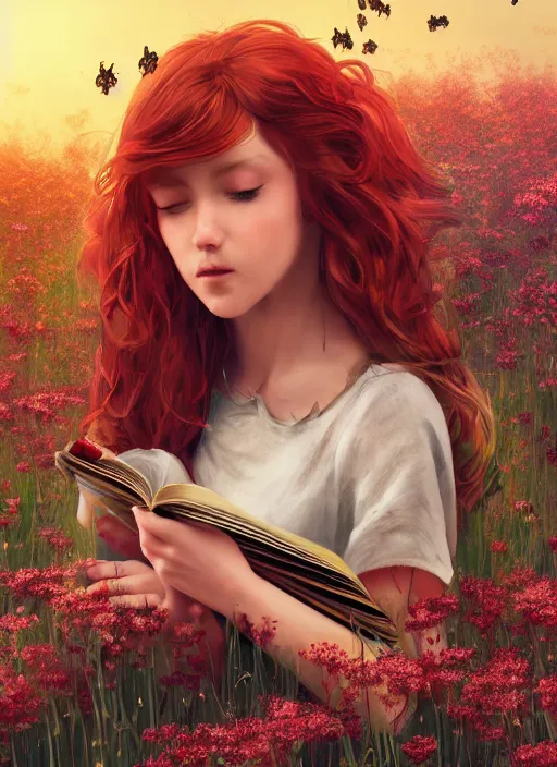 Prompt: An epic fantasy comic book style portrait painting of a young red headed girl reading a book in a field of flowers surrounded by bees, unreal 5, DAZ, hyperrealistic, octane render, cosplay, RPG portrait, dynamic lighting