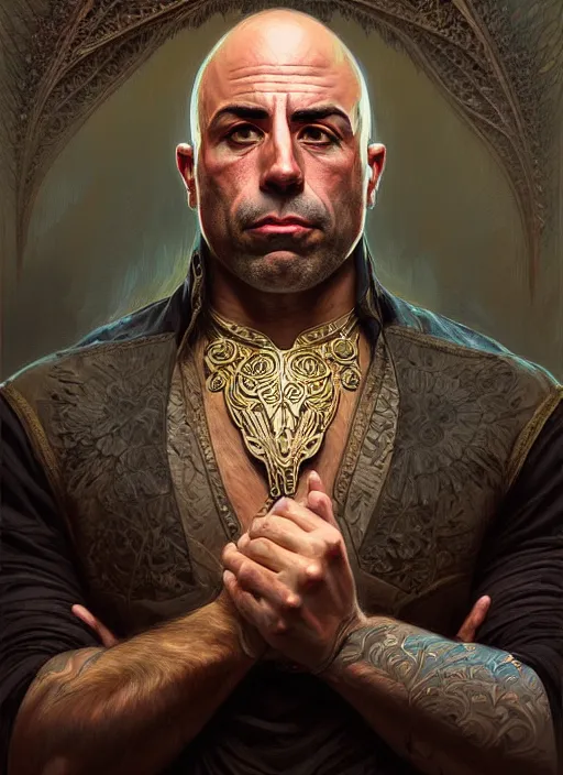 Image similar to portrait of joe rogan, d & d, fantasy, intricate, elegant, highly detailed, digital painting, artstation, concept art, smooth, sharp focus, illustration, art by artgerm and greg rutkowski and alphonse mucha