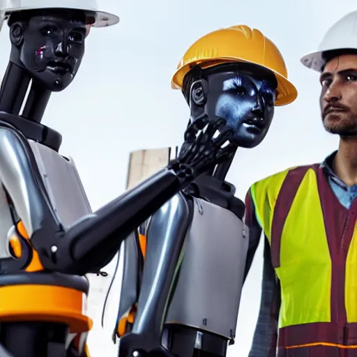 Prompt: group of humanoid robots waiting to start work at construction site