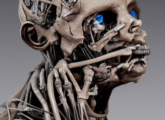 Image similar to a bust sculpture of anatomical cyborg, ,detailed face, ceramic base, studio lighting