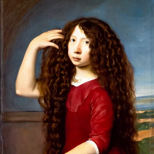Prompt: a portrait of a girl with red curly long hair her hands are in front of her face in praying motion, with a pretty frame and a devoted posture, a tear slides down her left cheek while she looks at the viewer, in the style of diego velazquez, extremely detailed, golden ratio, 8 k