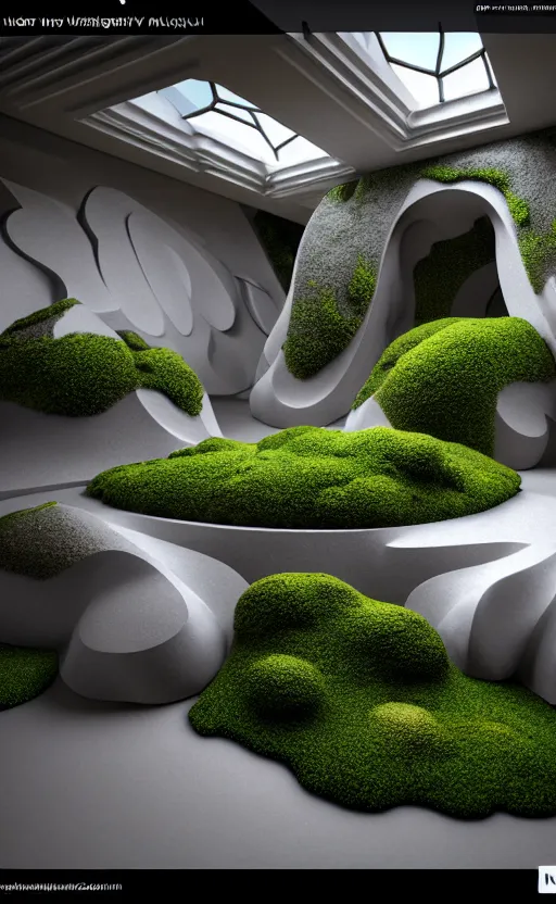 Image similar to highly detailed ultra sharp 3 d render villa interior cinematic composition of a smooth ceramic porcelain biomorphic magnolia stone nebula fluid fractal sci - fi surreal architecture landscape, granite, metallic, magnesium, marble, moss and lichen, vincent callebaut composition, mamou - mani, archviz, beautiful lighting, 8 k, unreal engine, hdr,