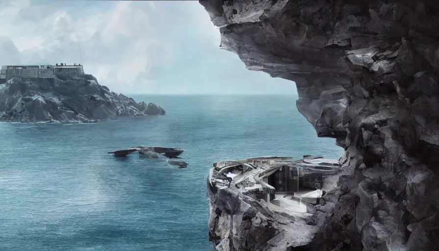 Image similar to coastal perched on a cliff overlooking a magnificient bay, bond villain base, drawing architecture, imperial architecture in rogue one, pritzker architecture prize, brutalism architecture, jan urschel, greig fraser