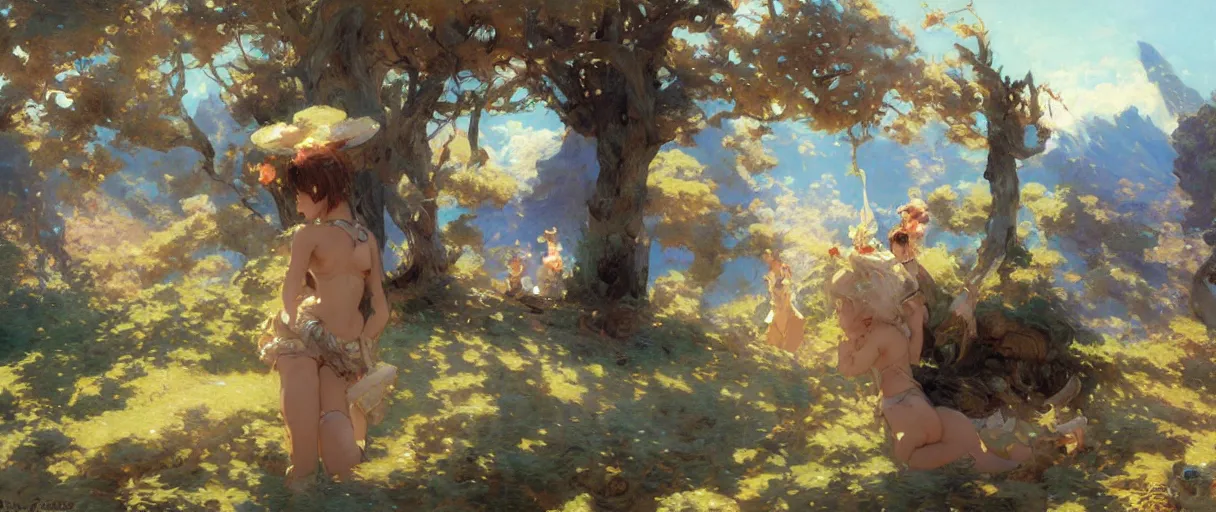 Image similar to cute anime landscape painting by gaston bussiere, craig mullins, j. c. leyendecker