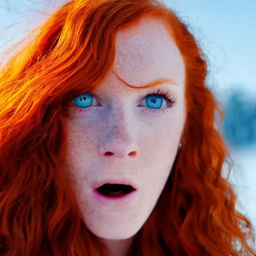 Image similar to Close up photo of the left side of the head of an extremely attactive, pretty redhead woman with gorgeous blue eyes and wavy long red hair, who looks directly at the camera. Slightly open mouth. Whole head visible and covers half of the frame, with a park visible in the background. 135mm nikon.