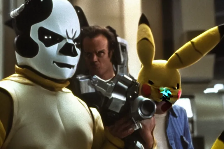 Image similar to Jack Nicholson in costume of Pikachu Terminator, scene where his endoskeleton gets exposed, still from the film
