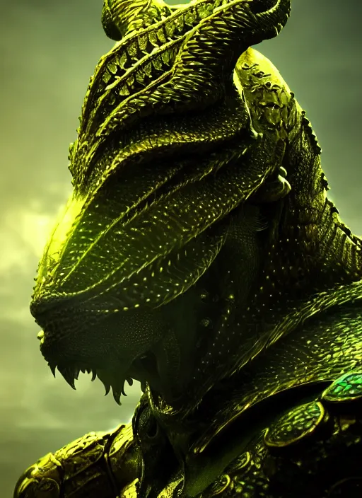 Image similar to portrait of a dragonborn hero, golden scales and green eyes, perfect facial symmetry + dim volumetric lighting, 8k octane beautifully detailed render, post-processing, extremely hyperdetailed, intricate, epic composition, grim yet sparkling atmosphere, cinematic lighting + masterpiece, trending on artstation