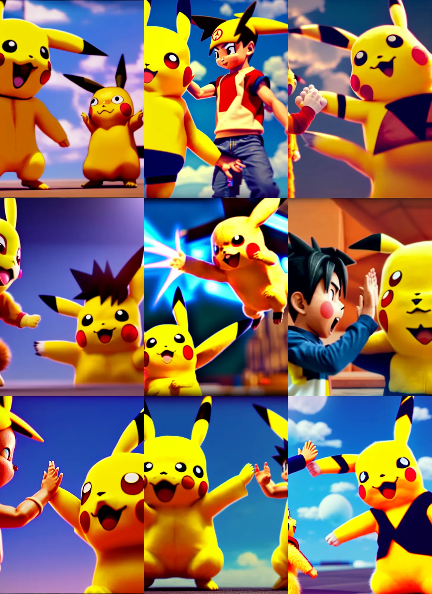 Prompt: Pikachu doing a high five to Son Goku, HD, octane render, intricate details