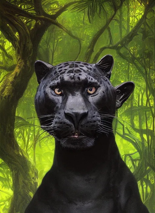 Image similar to a beautiful matte painting portrait of a black jaguar, close up, ayahuasca