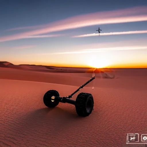 Image similar to peaceful mobile biomimetic rugged anemometer station sensor antenna on all terrain tank wheels, for monitoring the australian desert, XF IQ4, 150MP, 50mm, F1.4, ISO 200, 1/160s, dawn, golden ratio, rule of thirds