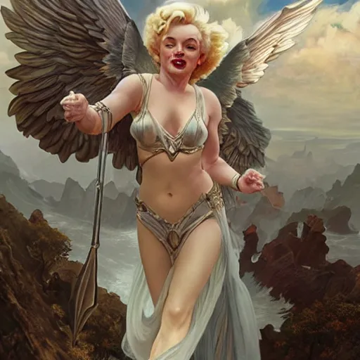 Image similar to an extremely detailed matte painting marilyn monroe as a terrifying valkyrie descending from valhalla on a pegasus, in the style of magic the gathering, 8 k, sharp focus, detailed face, art by greg rutkowski and alphonse mucha