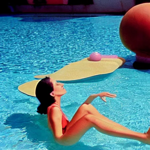 Image similar to a woman and her friend, an anthropomorphic nostril in a swimming pool, live-action children's television show, 1974, technicolor