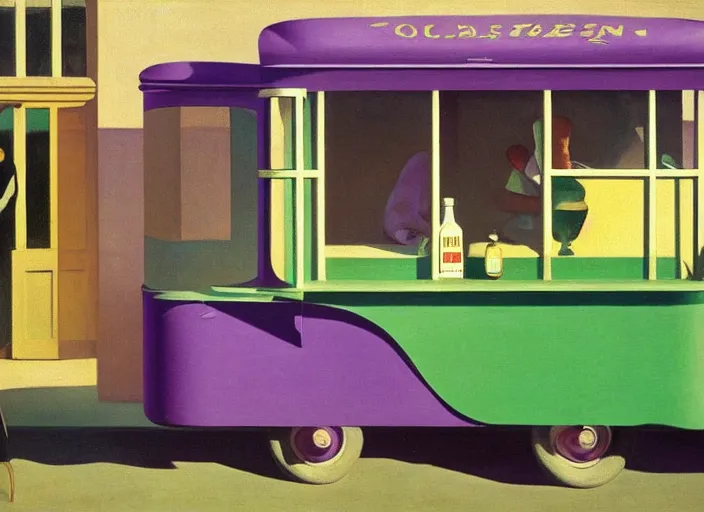 Image similar to a purple and green ice cream van that sells snake oil instead of ice cream, snake oil salesman selling little brown bottles of medicine, snake van, painting by René Magritte, Edward Hopper, 3D rendered