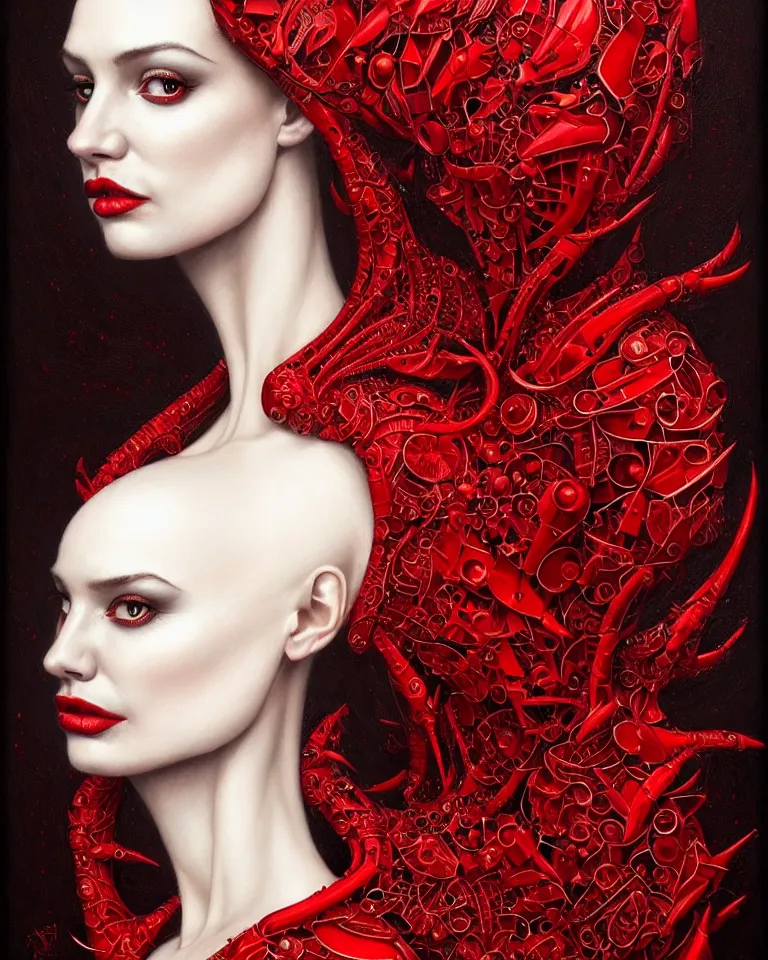 Image similar to epic professional portrait of gorgeous thin white woman with perfect face in armoured red dress, painted, intricate, detailed, by leesha hannigan, wayne haag, reyna rochin, ignacio fernandez rios, mark ryden, iris van herpen, artstation, cgsociety, epic, stunning, gorgeous, much wow.