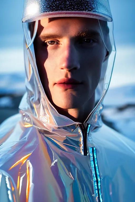 Image similar to an ultra high definition professional high fashion portrait studio full length photograph of a male model wearing a transparent pearlescent raincoat and neon visor in an icelandic black rock environment at dawn. no artefacts. extremely detailed. stark. refraction. shallow depth of field. volumetric light and shadow. ray tracing. light rays.