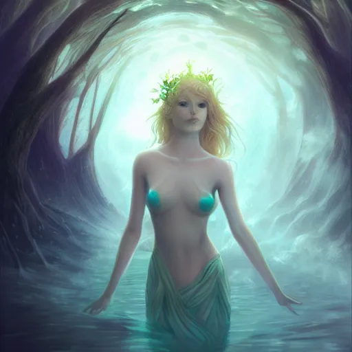 Prompt: nature goddess rising out of the water by charlie bowater, beautiful, bioluminescent, ethereal, mist