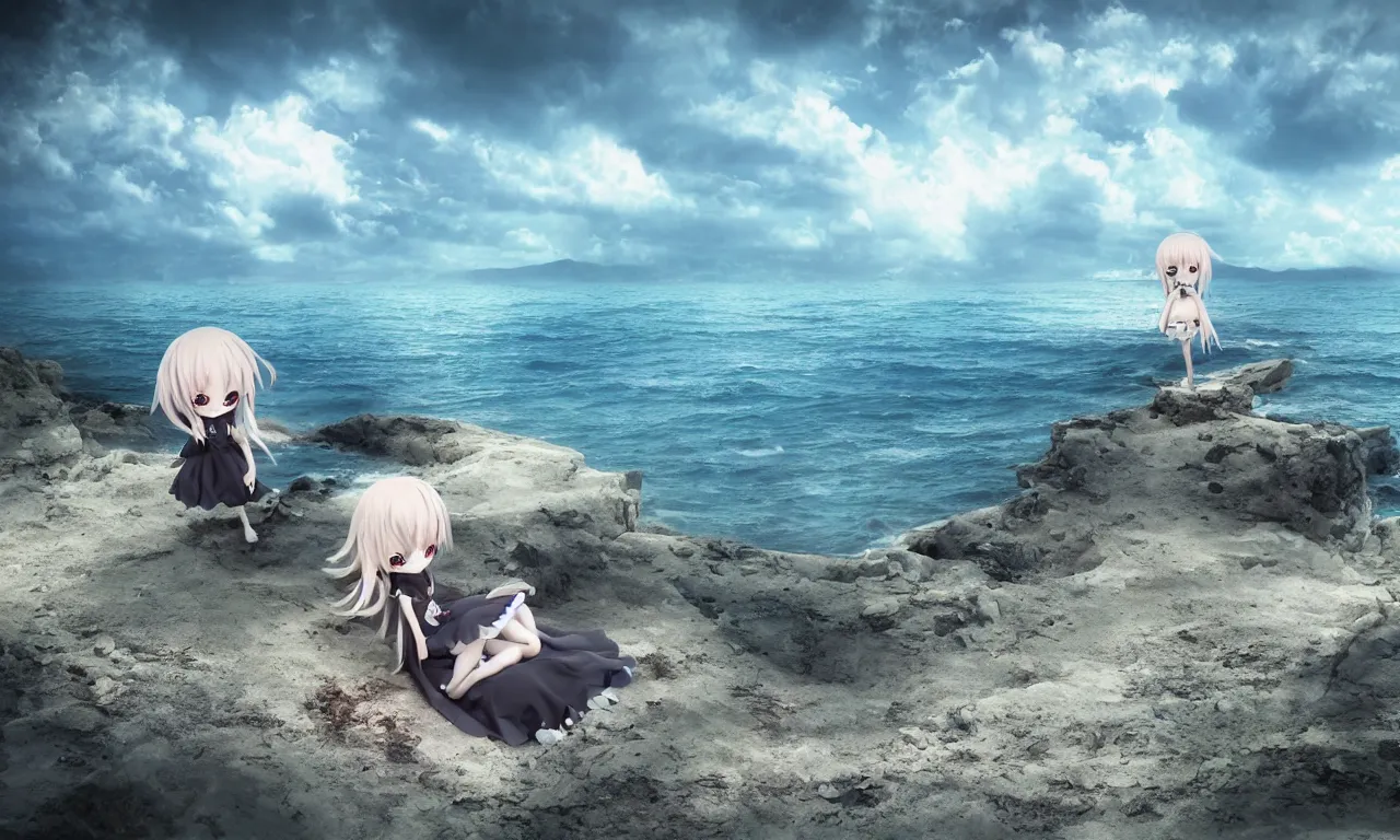 Image similar to cute fumo plush girl enigmatic gothic maiden anime girl on an abandoned island surrounded by the sea, marine seascape, vignette, vray