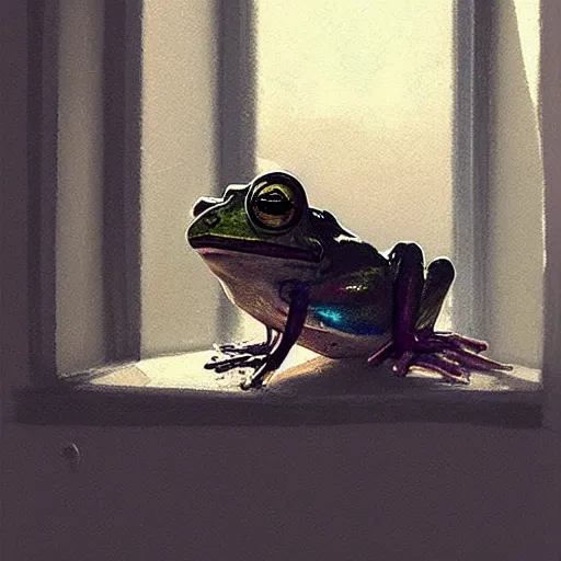 Image similar to A frog reading the newspaper in his armchair in the background books near a window by Greg rutkowski, Trending artstation