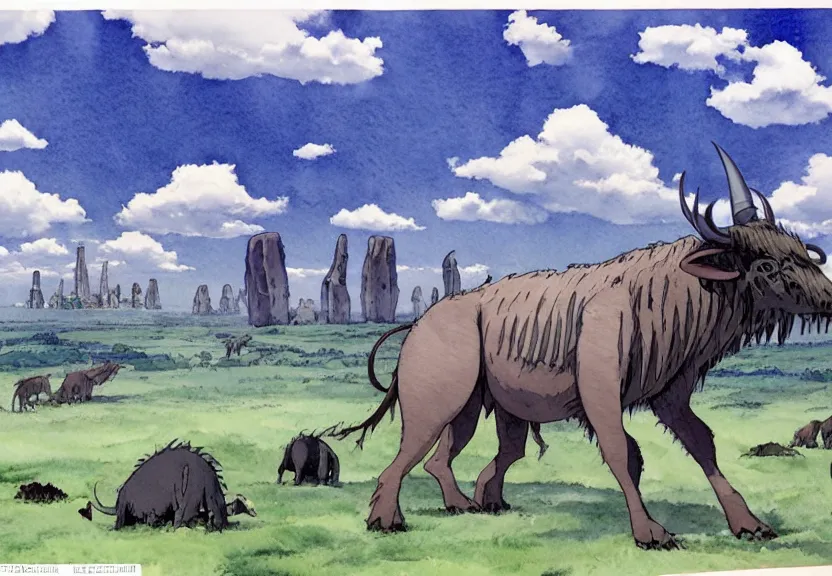 Prompt: a hyperrealist watercolor concept art from a studio ghibli film showing a giant grey mechanized prehistoric wildebeest from howl's moving castle ( 2 0 0 4 ). stonehenge is under construction in the background, in the rainforest on a misty and starry night. by studio ghibli. very dull muted colors