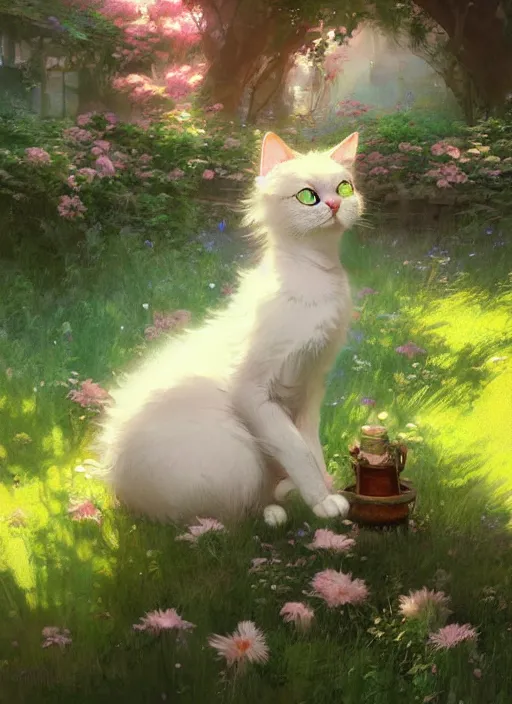 Image similar to portrait of a cute cat in an enchanted garden, digital illustration, by makoto shinkai and ruan jia