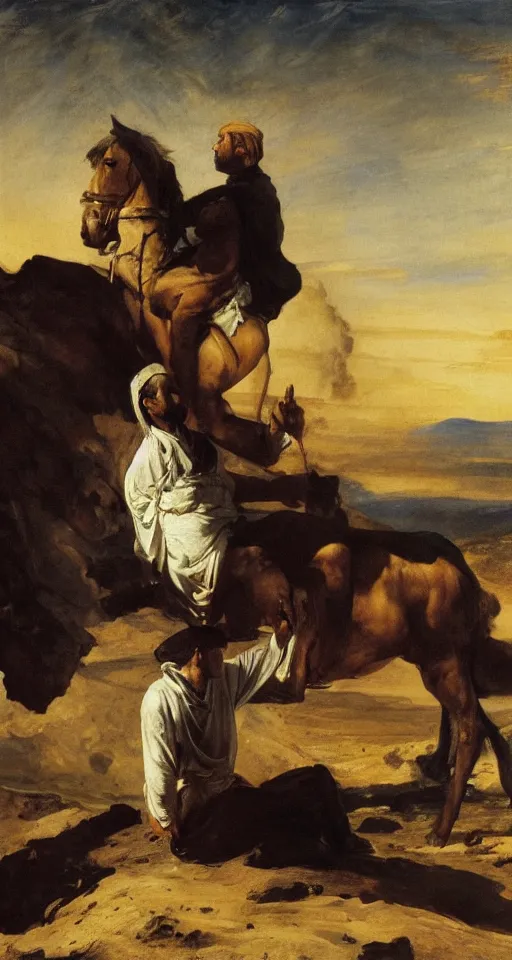 Image similar to a film still of lawrence of arabia by william turner, by theodore gericault, by caspar david friedrich, by frank frazetta oil painting, romantism, realism, limited palette