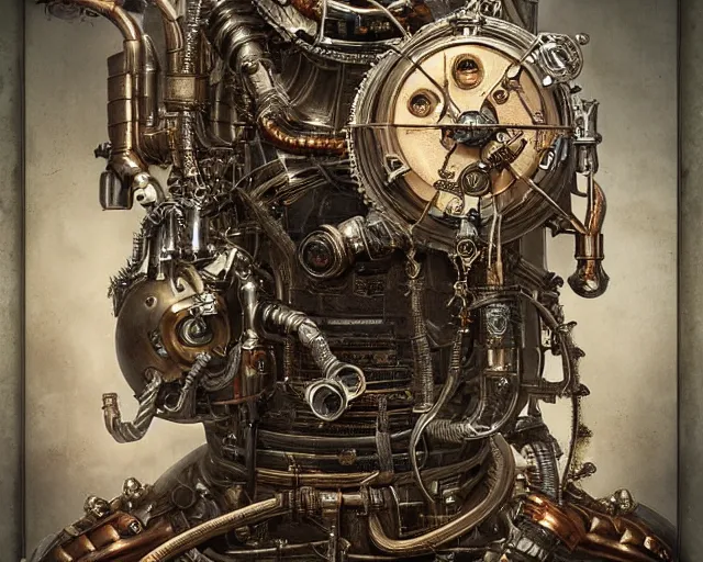 Prompt: epic portrait of man scientist, victorian, dieselpunk, insanely detailed, intricate, metal brass and copper and leather details, rivets, cinematic lighting, photoreal, by billelis and giger