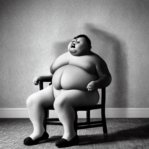 Image similar to creepy obese man in a chair with an 8 foot tongue, appalachia, atmospheric, photograph, 4 k
