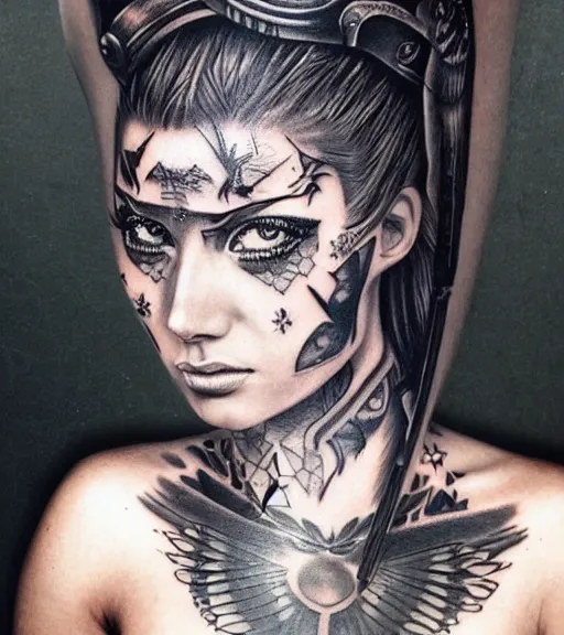 Image similar to tattoo design of a hyper realistic beautiful girl warrior, hyper detailed, inspired by eliot kohek, on white background