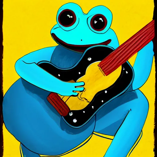 Image similar to frog playing on guitar, blue background, photorealistic