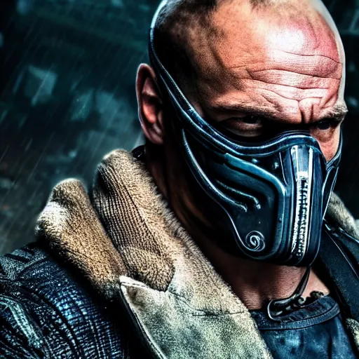 Image similar to bane as a cyberpunk character, 4k, high detail, high-resolution photograph, professional photography, ultra-detail