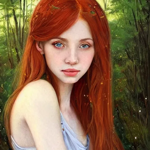 Image similar to a highly detailed, hyper realistic, full body gorgeous portrait of a red haired young woman, surrounded by the like of golden fireflies, long hair, green eyes, hint of freckles, round gentle face, cheeky smile, romantic, deep focus, elegant, digital painting, smooth, sharp, golden ratio, illustration, art by artgerm and caravaggio