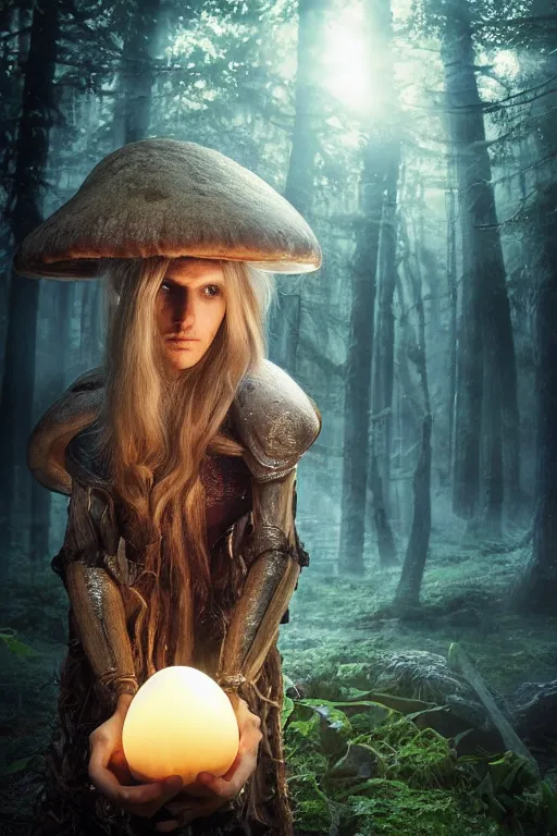 Image similar to A tall slim male wood elf druid posing with a glowing mushroom in a mystical forest, portrait, long blonde hair, fungi, glowing, wooden armor, magical, fantasy, medieval, highly detailed, dynamic lighting, cinematic, dramatic, sharp focus, focus on face, masterpiece, trending on artstation, concept art, digital painting, still, photo, photograph, in the style of Heilung