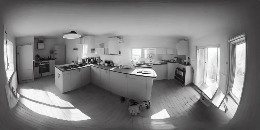 Image similar to minimalistic kitchen dim lit by a candle simon stalenhag, fisheye camera, extreme perspective