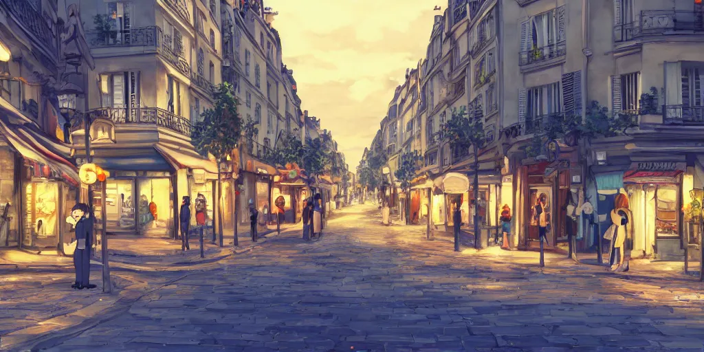 Prompt: a parisian street, a street in paris, ultra high quality, 4 k, by miyazaki and makoto shinkai, anime screenshot, colorful, artstation, pixiv,